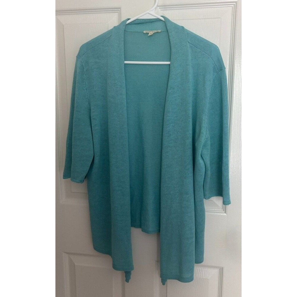 Eileen Fisher Teal Blue  100% Linen Cardigan Size Medium Open Knit